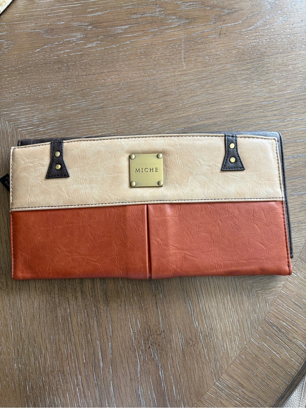 Miche Two-Tone Tan and Rust Orange Wallet Clutch with Brass Plaque